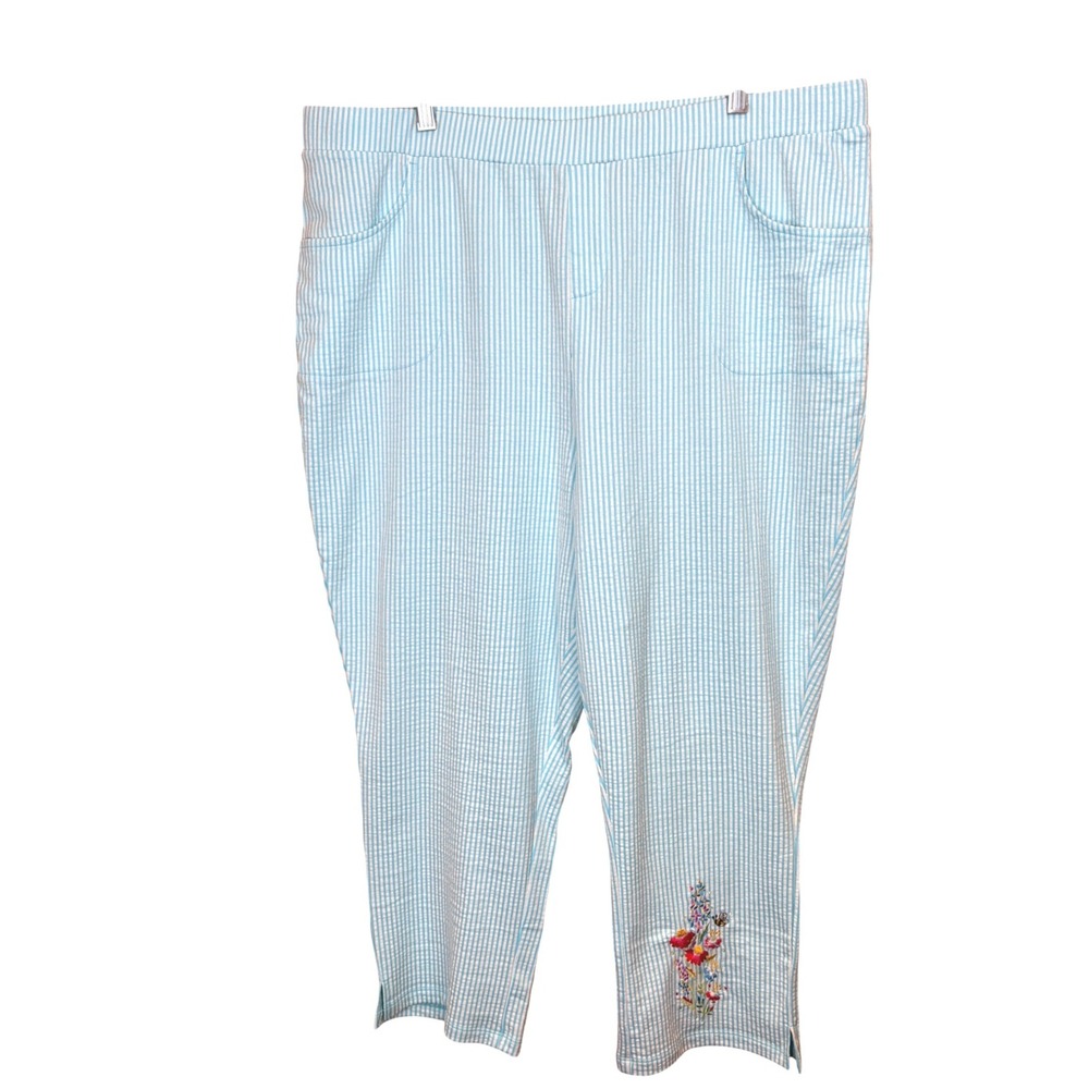 Quacker Factory 1X Aqua White Seersucker Striped Crop Pants Cottagecore